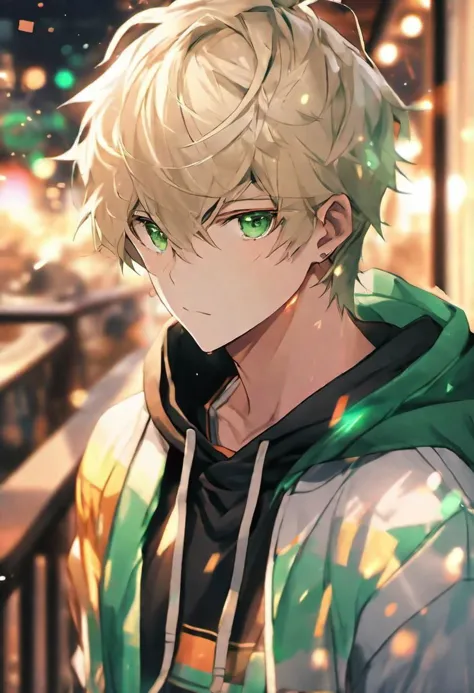 (black hoodie,) adult male, BREAKsharp emerald eyes BREAK , short blond hair, side bangs, calm expression,  BREAK, warm colours, BREAK, wallpaper, balcony, BREAK, absurdres, masterpiece, BREAK, <lora:Festive_Bokeh_Anime:0.5>,mioha