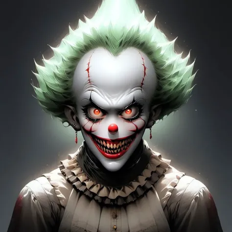 a close up of a clown with green hair and a creepy look