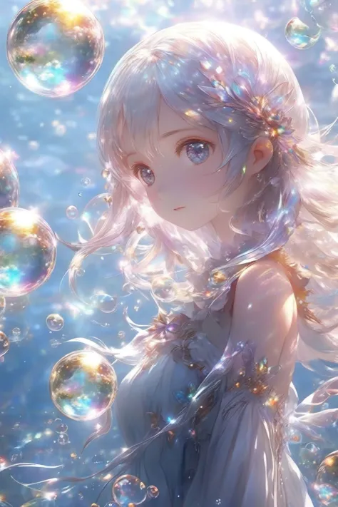 masterpiece,extremely best quality, official art, cg 8k wallpaper, (Fantasy Style:1.1),
(Animated screenshots, magic, stretched girls, and lots of reflection bubbles floating in the air floating on reflective bubbles:1),
looking up, light particle, highly detailed, best lighting, pixiv, depth of field, (beautiful face), fine water surface, incredibly detailed, (an extremely  beautiful), (best quality)