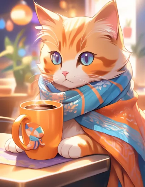 Cat in a scarf holds a coffee mug,  in the style of realistic usage of light and color,  anime aesthetic,  paul bonner,  cute an...