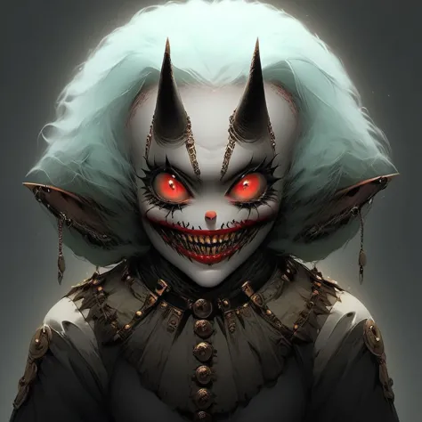 Clown demon, grotesque, horrifying, eerie, intricate, dark circus aesthetic, scarypunk, horrorcore, demoncore, masterpiece, anime style, spine chilling, hyperdetailed, photorealistic, dynamic lighting, inspired by pinterest art and nijijourney, niji style, best quality