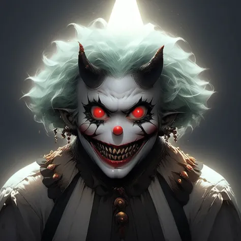 clown with green hair and red eyes in a dark room