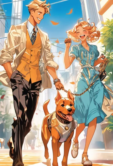 Anime Network,  Couple walking dog,  laughing,  art by J.C. Leyendecker,  Anime style,  key visual,  vibrant,  studio anime