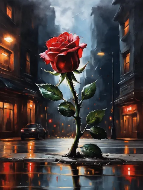 tb, Ultra realistic oil painting of a red rose, growing through the street, stem coming out of the concrete, night, Silhouette l...