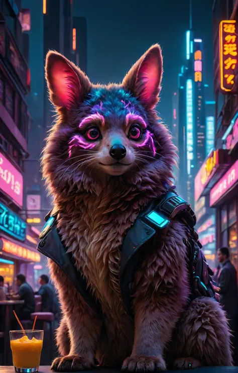 cyberpunk cityscape, (fluffy animal portrait), Diner aesthetics, soft-hued colors, stunning background. dark and moody, a mesmerizing blend of light and shadow. masterpiece, absurdres, intricate details <lora:cute_fluffy_sdxl:0.8>, neon lights, dark alleys, skyscrapers, futuristic, vibrant colors, high contrast, highly detailed