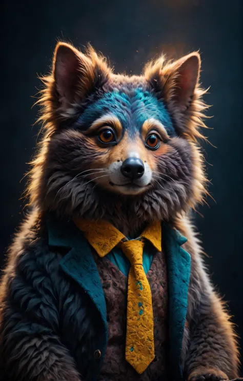 a close up of a dog wearing a tie and a suit