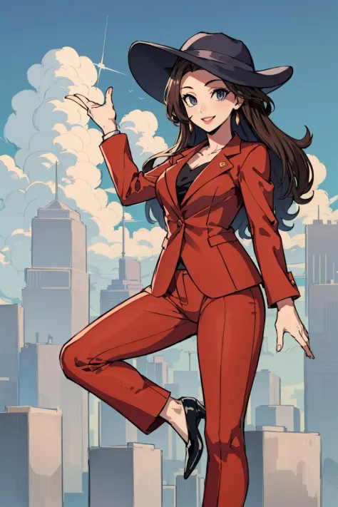 masterpiece, best quality, pauline, purple hat, red jacket, red pants, high heels, smile, looking at viewer, city street, sky, c...