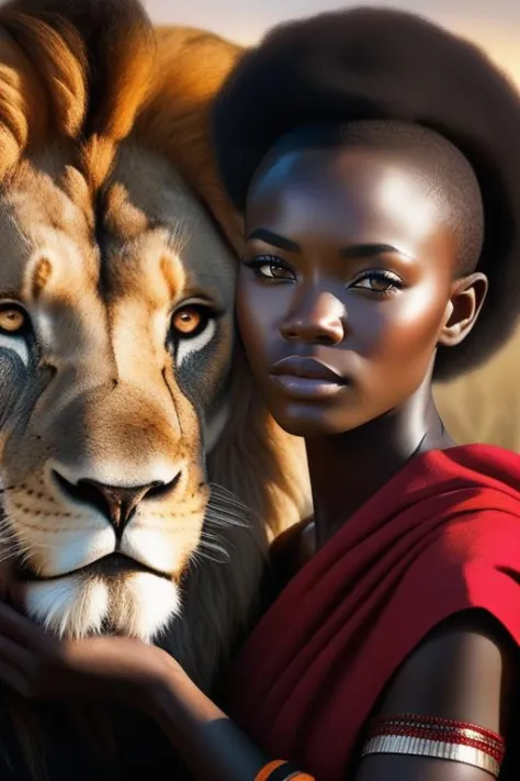Eye contact with a black 20-year-old woman warrior with short hair in a masai costume petting a male lion's mane in the savanna,...