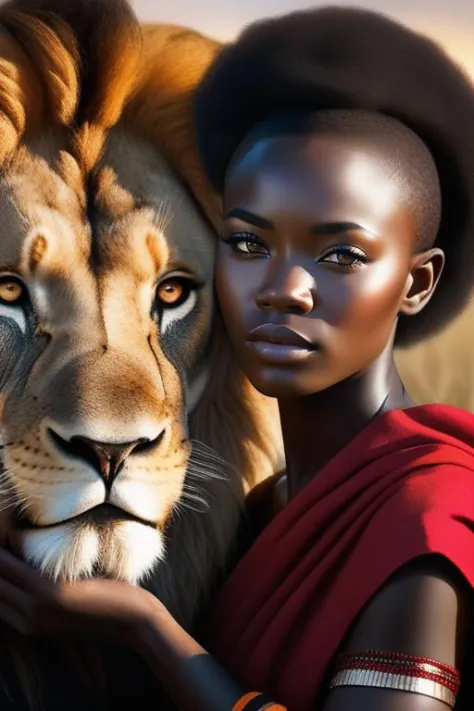 Contact visuel avec une guerrière noire de 20 ans aux cheveux courts en costume masai caressant la crinière d&#39;un lion mâle dans la savane, visage nettement ciselé, peau très détaillée, yeux de lion détaillés, Peau noire, (chef-d&#39;œuvre,Meilleure qualité:1.5)