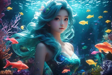 Cinematic of mermaid,  small_nose,  (èå°å°),  realistic artwork,  high detailed,  professional,  full body photo of a transp...