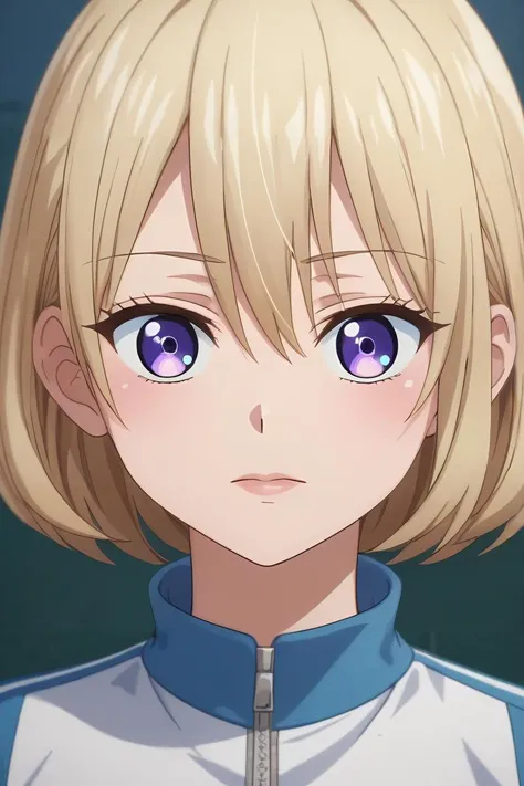 anime girl with blonde hair and blue eyes looking at camera