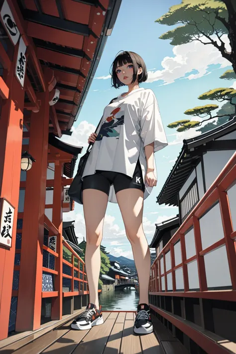 anime girl standing on a bridge with a bag in her hand