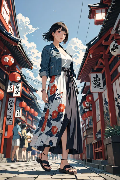 masterpiece, amazing quality, best quality, high resolution, 4K, 8K, UHD, 
Ukiyoe art styles, by rella, by Yoneyama Mai, by Katsukawa ShunkÅ I
1girl,  Maxi dress, denim jacket, and strappy sandals., stylish, Sightseeing in Japan,
cinematic angle, close up,
<lora:Rella:0.3>, <lora:YoneyamaMai:0.3>,