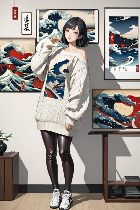 arafed woman in a sweater and leggings standing in front of a painting