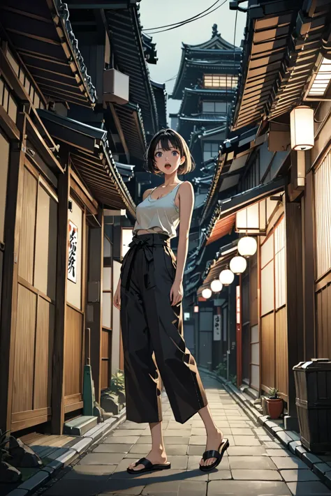 masterpiece, amazing quality, best quality, high resolution, 4K, 8K, UHD, 
Ukiyoe art styles, by rella, by Yoneyama Mai, by Eishi
1girl, solo,  Paperbag waist pants, tank top, and mules., stylish, modeling pose, Sightseeing in Japan, in a dimly lit alleyway, shocked,
dynamic angle,
<lora:Rella:0.3>, <lora:YoneyamaMai:0.3>,