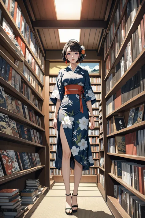 a woman in a kimono dress is walking through a library