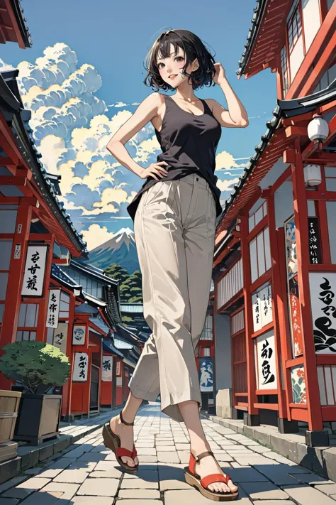 anime girl in a black top and khaki pants standing in front of a red building