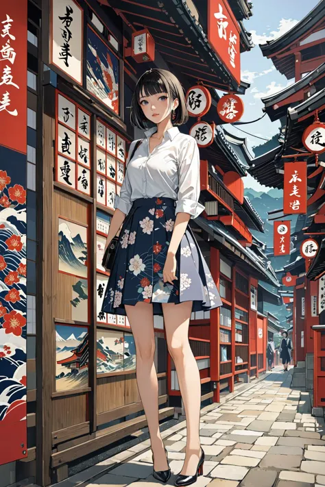 anime girl in a skirt standing in front of a building