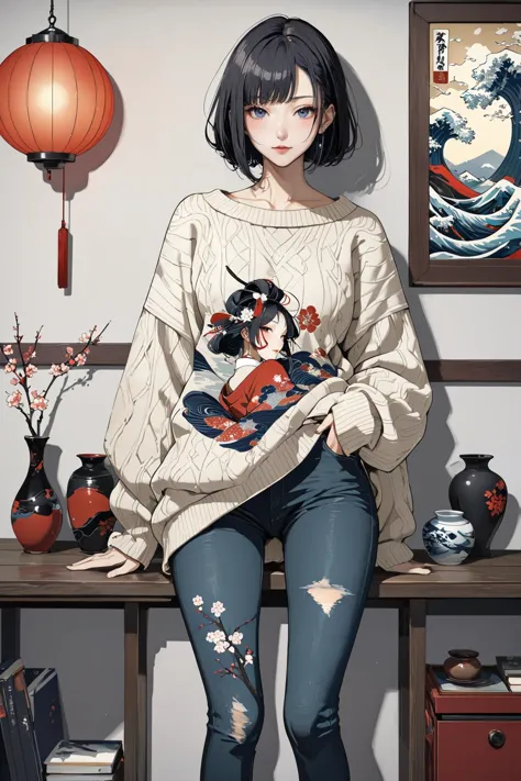 anime girl with black hair and a sweater sitting on a table