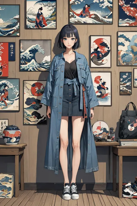 anime girl in a blue trench coat standing in front of a wall of posters