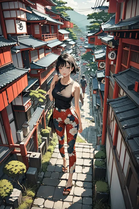 masterpiece, amazing quality, best quality, high resolution, 4K, 8K, UHD, 
Ukiyoe art styles, by rella, by Yoneyama Mai, by Utamaro
1girl,  Printed pants, solid color top, and sandals., stylish, Sightseeing in Japan,
cinematic angle, perspective from above,
<lora:Rella:0.4>, <lora:YoneyamaMai:0.3>,