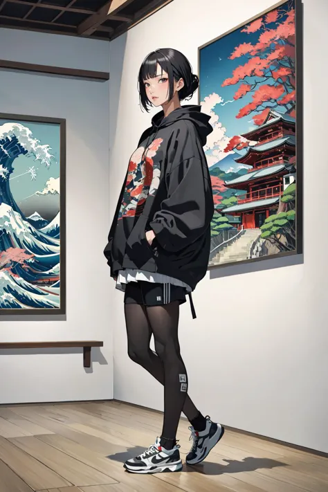 masterpiece, amazing quality, best quality, high resolution, 4K, 8K, UHD, 
Ukiyoe art styles, by rella, by Yoneyama Mai, by Tsukioka Settei
1girl, solo,  Oversized sweatshirt, biker shorts, and sneakers, stylish, relaxed pose, Sightseeing in Japan, in a museum, frustrated,
close up,
<lora:Rella:0.3>, <lora:YoneyamaMai:0.3>,