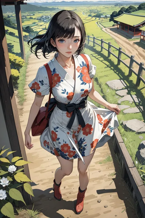 anime girl in kimono outfit walking down a path with a red purse