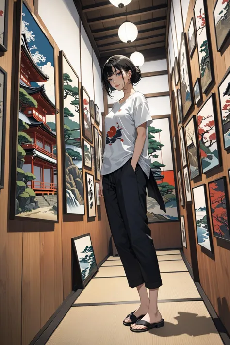 arafed woman standing in a hallway with a wall of framed pictures