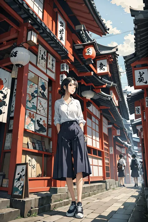 masterpiece, amazing quality, best quality, high resolution, 4K, 8K, UHD, 
Ukiyoe art styles, by rella, by Yoneyama Mai, by Hasegawa ChikuyÅ
1girl,  Culottes, button-down shirt, and sneakers., stylish, Sightseeing in Japan,
cinematic angle, dutch angle,
<lora:Rella:0.4>, <lora:YoneyamaMai:0.3>,