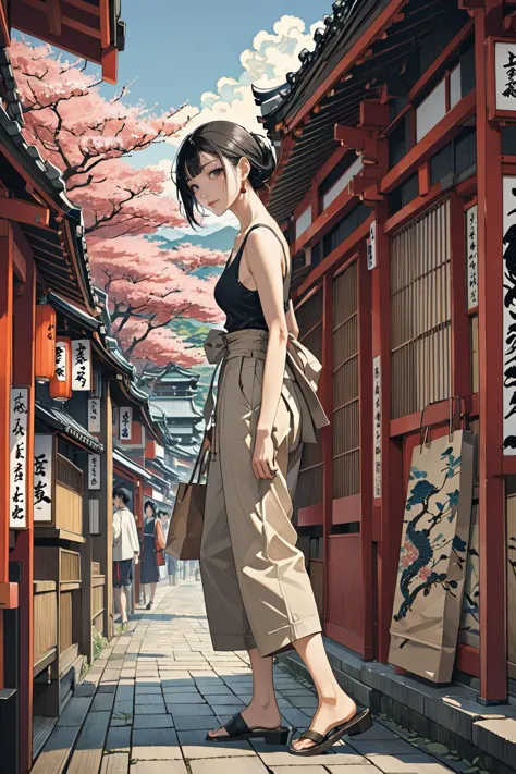 masterpiece, amazing quality, best quality, high resolution, 4K, 8K, UHD, 
Ukiyoe art styles, by rella, by Yoneyama Mai, by Toriyama Sekien
1girl,  Paperbag waist pants, tank top, and mules., stylish, Sightseeing in Japan,
cinematic angle, from side,
<lora:Rella:0.3>, <lora:YoneyamaMai:0.3>,