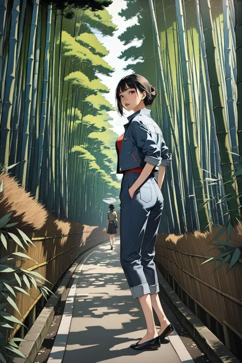 arafed image of a woman in a kimono outfit standing in a bamboo forest