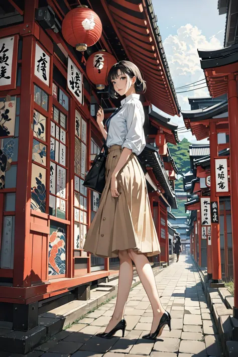 arafed asian woman in a skirt and shirt standing in front of a building