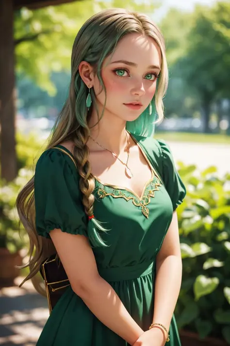 professional photo of chloe fe, braid, earrings, necklace, bracelet, blurry background, green dress,
detailed skin, detailed eyes,
photo made with Canon EOS in naturalistic style photography,
popular on artstation, popular on deviantart, popular on flicker,
<lora:Chloe_FE-10:0.9:MIDD>