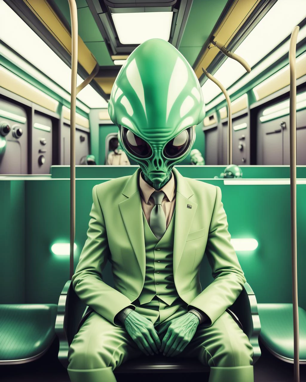 電車に座っている緑のスーツを着た男性
