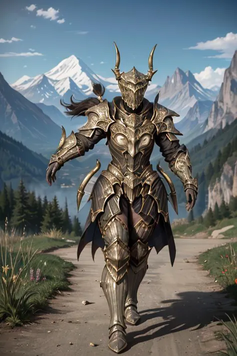 a man in armor walking down a dirt road in front of mountains