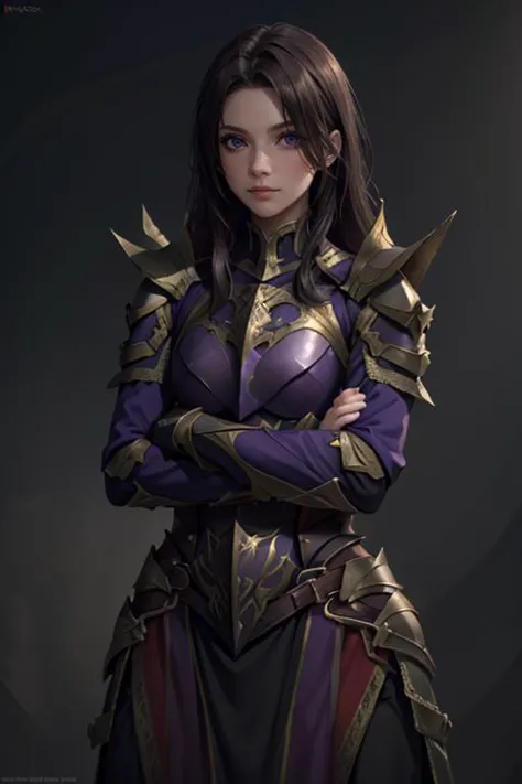 <lora:HXarmour_022:0.6>,moutain,Crossed arms,, hxarmour,1girl,(dark purple armour:1.3),, ultra-detailed,extremely delicate and b...