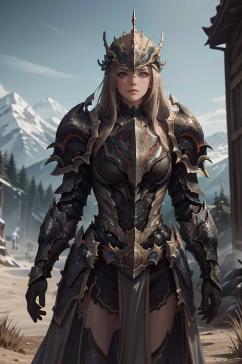 a woman in armor standing in front of a mountain