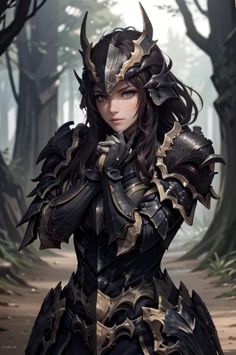 a woman in armor standing in a forest with trees