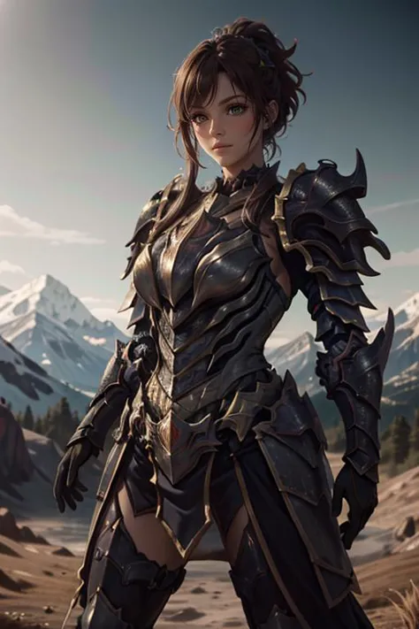 a woman in armor standing in the desert with mountains in the background