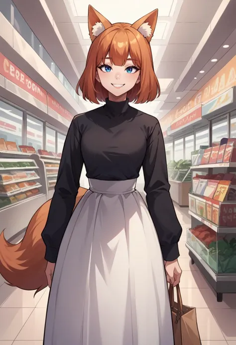 score_9, score_8_up, source_anime, 1girl, solo, ffchan, fox ears, high-waist skirt, long skirt, white skirt, black shirt, long sleeves, smile, standing, indoors, shopping mall, <lora:ffchan-pdxl-nvwls-v1:1.0>