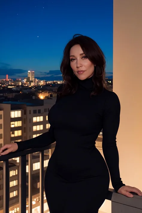 <lora:mondongo_LoRA_KateySagal_v2:1> mndngwmn, (ultra realistic, 8k,high quality),(medium shot), wearing a turtleneck bodycon dress, on a balcony at night with city on background