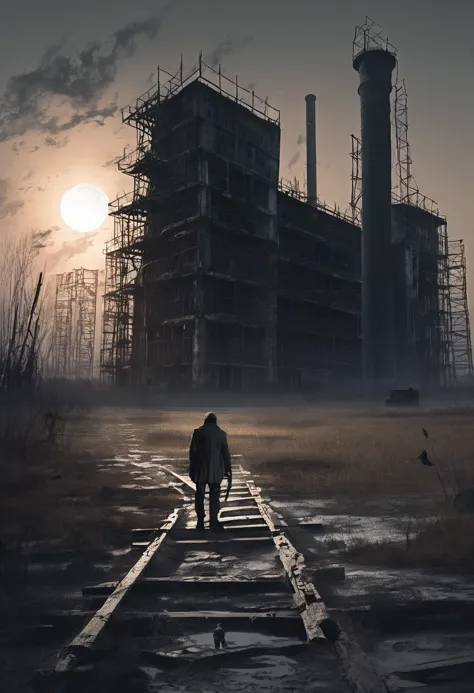 concept art A scene steeped in the uncanny ambiance of Tarkovsky's Stalker. A lone wanderer cautiously stepping through the skel...