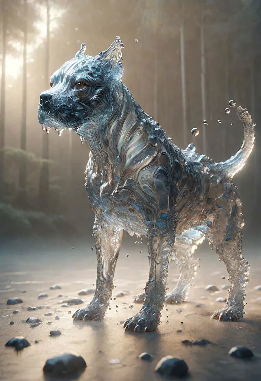 un pitbull enorme con piel suave, líquida y transparente, exponiendo su sistema esquelético