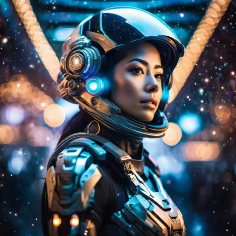 an award winning photograph of a beautiful woman, halo, intricate cyberpunk robot, highly detailed, soft bokeh Deep space nebula...