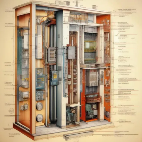 <lora:Isometric Cutaway:1>,Isometric Cutaway ,The electrical schematic diagram of the elevator is explained and the role of each...