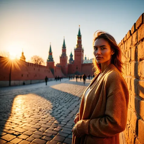 (((Em uma praça com o Muro do Kremlin ao fundo))), Hora dourada, tons quentes, Alta resolução 4K, Capturado em Hasselblad, Foto 60mm, Foco Radiante, brilho dourado, Proporção Cinematográfica, luminoso, sereno, cores ricas, Grão macio, textura quente, Hora dourada Photography, iluminação suave, sensação de paz, Ambiente Radiante, Enfatizando o Calor, Criando Serenidade, Evocando calma, calor visual, técnica artística, iluminação quente, Conceito ensolarado, estilo natural, Radiant Visual, História Pacífica, Calor detalhado, Paisagem do pôr do sol, Editorial Calma, iluminação suave, Emoção calorosa, Paz Artística 