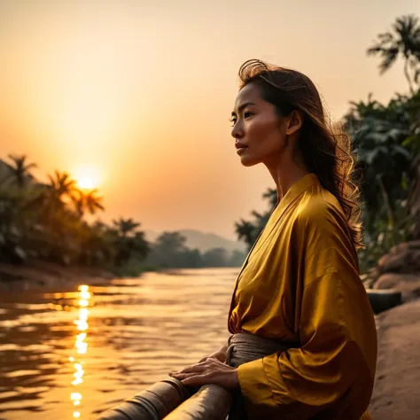 (((À beira de um rio com o Rio Mekong ao fundo))), Hora dourada, tons quentes, Alta resolução 4K, Capturado em Hasselblad, Foto 60mm, Foco Radiante, brilho dourado, Proporção Cinematográfica, luminoso, sereno, cores ricas, Grão macio, textura quente, Hora dourada Photography, iluminação suave, sensação de paz, Ambiente Radiante, Enfatizando o Calor, Criando Serenidade, Evocando calma, calor visual, técnica artística, iluminação quente, Conceito ensolarado, estilo natural, Radiant Visual, História Pacífica, Calor detalhado, Paisagem do pôr do sol, Editorial Calma, iluminação suave, Emoção calorosa, Paz Artística 