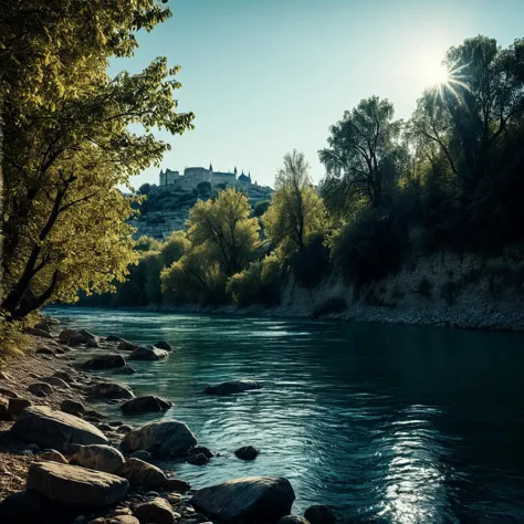 (((By a river with the Rhone River in the background))), volumetric lighting, vibrant colors, 4k epic detailed, shot on kodak, 3...