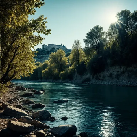 (((An einem Fluss mit der Rhône im Hintergrund))), volumetrische Beleuchtung, leuchtende Farben, 4k Epos detailed, gedreht mit Kodak, 35mm Foto, scharfer Fokus, Hohes Budget, Cinemascope, Launisch, Epos, wunderschön, Filmkorn, körnig, Zurückhaltende Fotografie, dramatische Beleuchtung, intensive Emotionen, Kinoatmosphäre, geheimnisvolle Atmosphäre, Betonung von Form und Gestalt, Tiefe schaffen, Drama hervorrufen, Geschichtenerzählen durch Schatten, Professionelle Technik,professionelle Beleuchtung, Fantasievolles Konzept, kreatives Styling, Außerirdische Ästhetik, surreale visuelle, fesselnde Erzählung, komplizierte Details, fantastische Landschaft, redaktionelles Storytelling, professionelle Beleuchtung, visuelle Wirkung erzeugen, Emotionen hervorrufen, Kreative Grenzen erweitern 