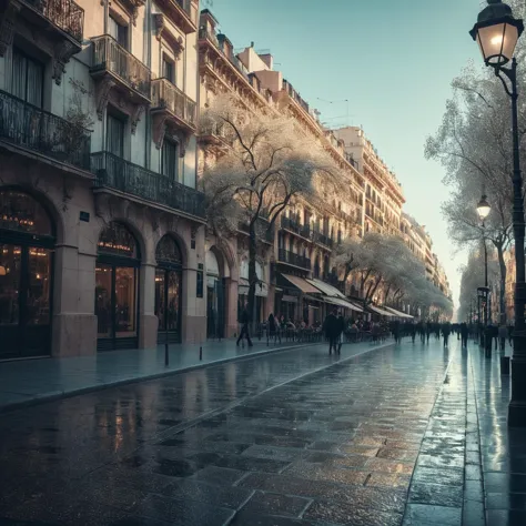 (((On a boulevard with the La Rambla in the background))), Surreal Dreamscape, Muted Tones, 4k Intricate Detail, Shot on Olympus...